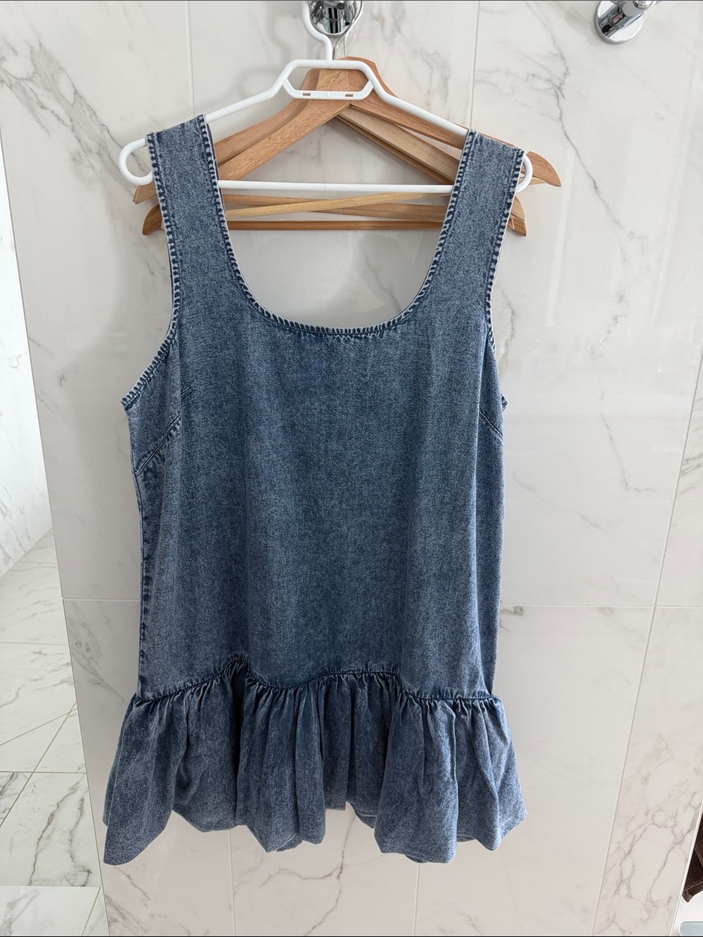 Washed Blue Denim Ruffle-Hem mini dress